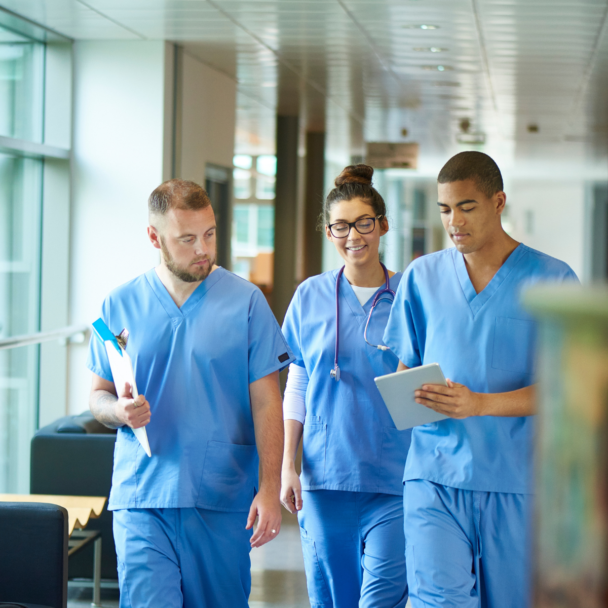 group of young doctors walking